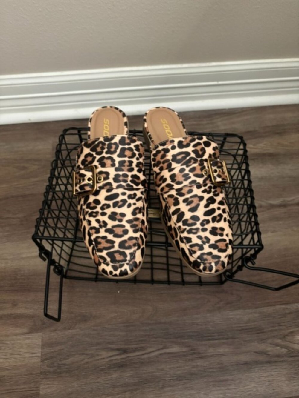 CHANTAL BELT STRAP SEMI SQUARE TOE SLIP-ON MULE FLATS | LEOPARD